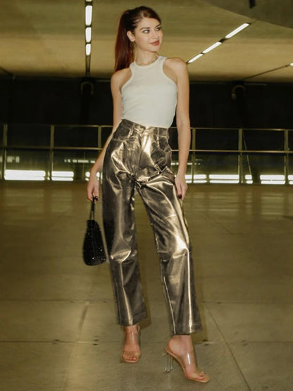 Pantalones de PU plateados para mujer, moda 2025, cintura alta, sueltos, pierna ancha, ropa de fiesta para chicas, ropa de calle, pantalones largos para mujer, otoño