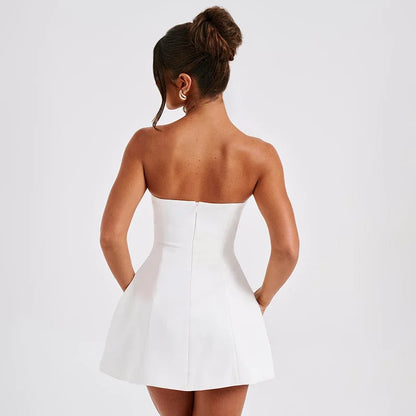 Sleeveless Sexy Strapless Mini Dress Solid Patchwork High Waist Summer Fashion Female Bodycon Plunge Vacation Dress New