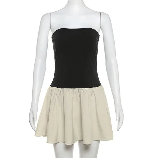 Vestido ajustado con pliegues para mujer, vestido ajustado con espalda descubierta y empalme, vestido mini elegante de verano para mujer con hombros descubiertos 2025