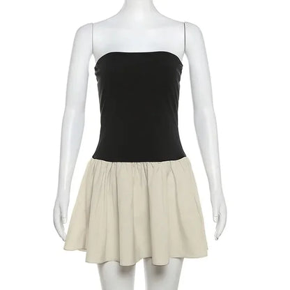 Vestido ajustado con pliegues para mujer, vestido ajustado con espalda descubierta y empalme, vestido mini elegante de verano para mujer con hombros descubiertos 2025