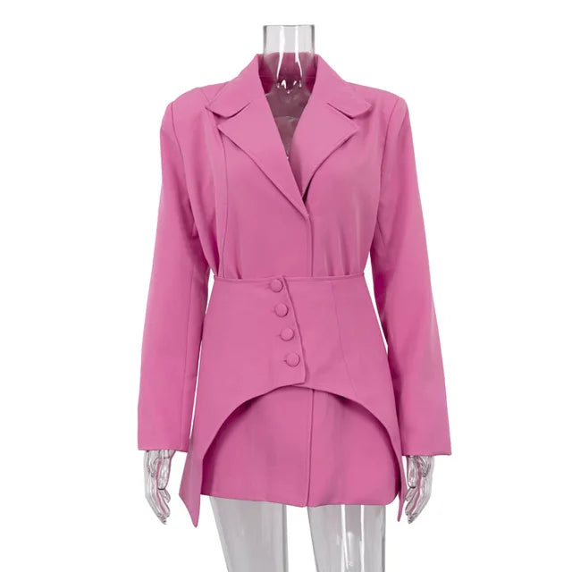 Slim Long Blazer Suits For Women Fashion Pink High Waist Skirts Female Turn Collar Blazer 2 Piece Sets Womens Outfits New