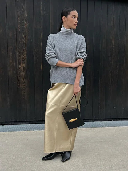 Slit PU Skirts For Women 2025 Spring New Slim Y2K Sheath Skirt Femme Street Solid Casual Fashion Elegant Skirts Womens