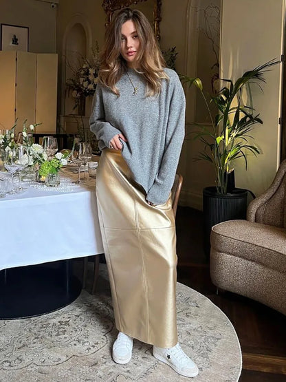 Slit PU Skirts For Women 2025 Spring New Slim Y2K Sheath Skirt Femme Street Solid Casual Fashion Elegant Skirts Womens