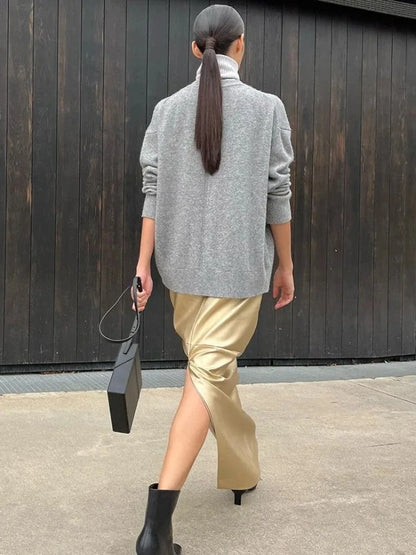 Slit PU Skirts For Women 2025 Spring New Slim Y2K Sheath Skirt Femme Street Solid Casual Fashion Elegant Skirts Womens