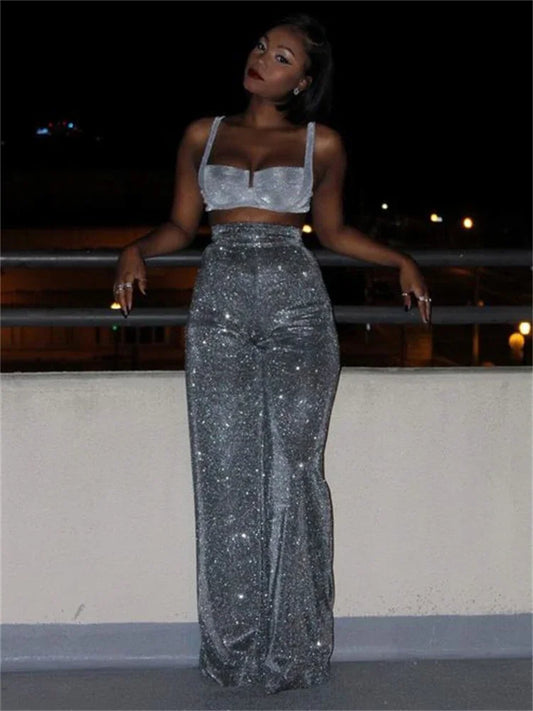 Sliver Glitter High Waist Pants Women Casual Straight Leg Party Night Clubwear Trousers Ladies Fashion Sparkly Bottom