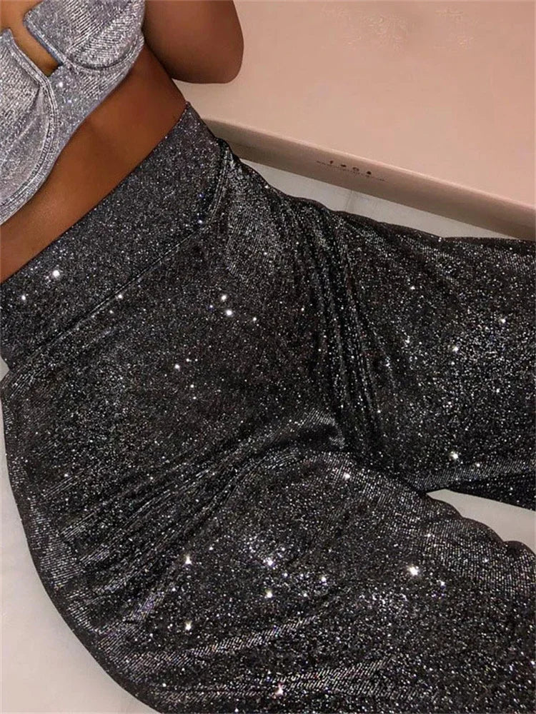 Pantalones de cintura alta con purpurina plateada para mujer, informales, de pierna recta, para fiesta, discoteca, moda femenina, parte inferior brillante