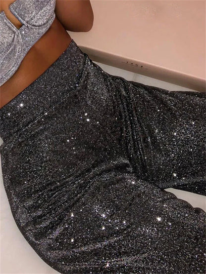 Pantalones de cintura alta con purpurina plateada para mujer, informales, de pierna recta, para fiesta, discoteca, moda femenina, parte inferior brillante