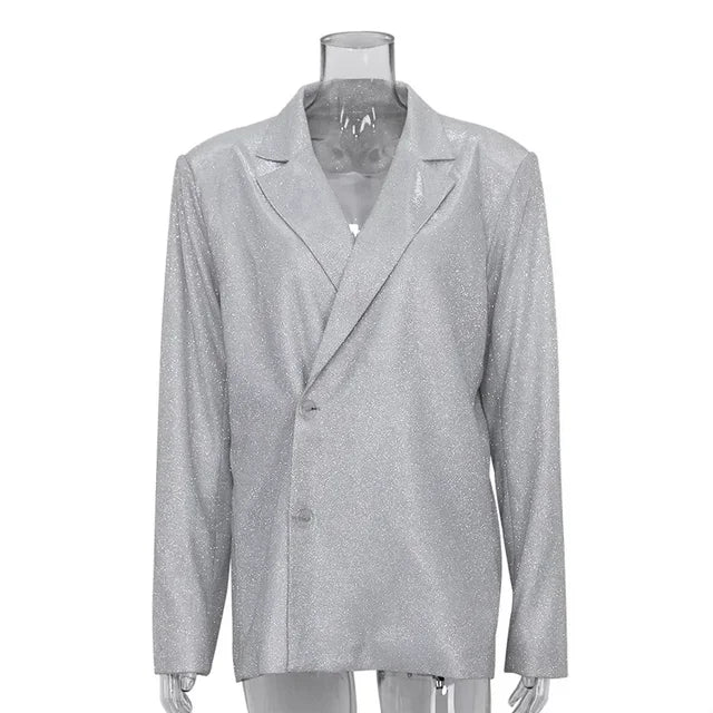 Sliver Sparkly OVersized Blazer Sets For Women Suit Ladies Casual Glitter Coat And Pants Sets Blazer Femme Mujer Party