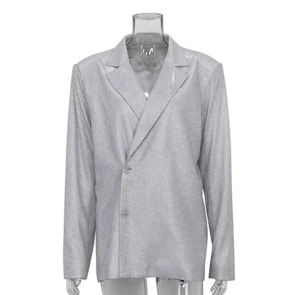 Sliver Sparkly OVersized Blazer Sets For Women Suit Ladies Casual Glitter Coat And Pants Sets Blazer Femme Mujer Party