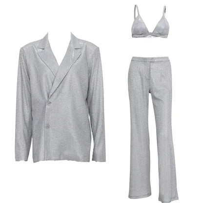 Sliver Sparkly OVersized Blazer Sets For Women Suit Ladies Casual Glitter Coat And Pants Sets Blazer Femme Mujer Party
