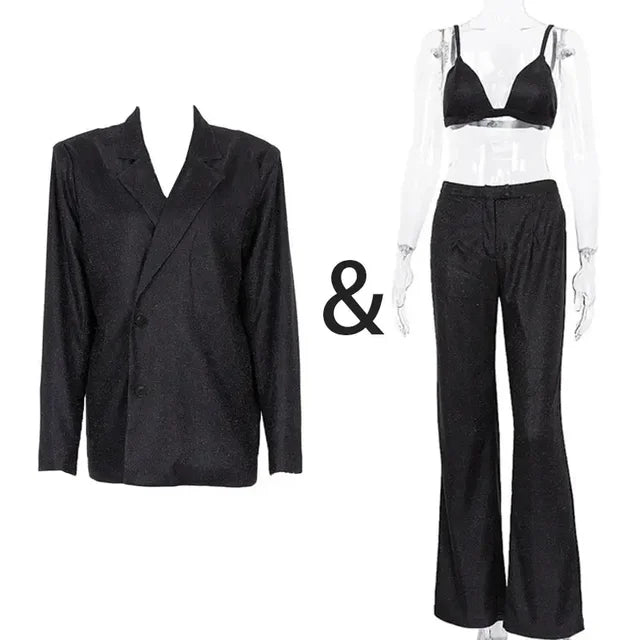 Sliver Sparkly OVersized Blazer Sets For Women Suit Ladies Casual Glitter Coat And Pants Sets Blazer Femme Mujer Party