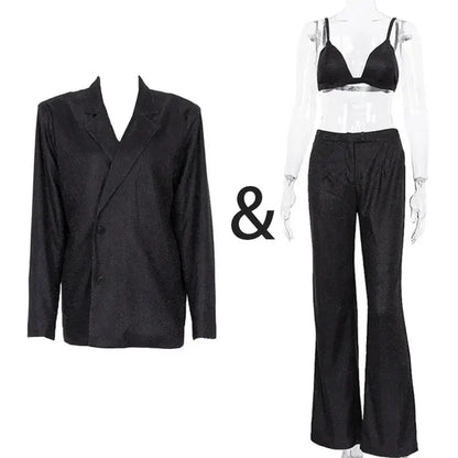 Sliver Sparkly OVersized Blazer Sets For Women Suit Ladies Casual Glitter Coat And Pants Sets Blazer Femme Mujer Party