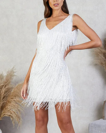 Vestido blanco con lentejuelas y borlas para mujer, sin mangas, cuello halter, estilo fiesta, ropa de calle moderna