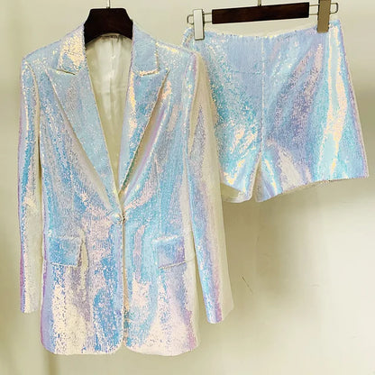 Sparkly Blazer Short Suit For Women 2025 Autumn Turn-down Collar Blazer Jaclets And Shorts Ladies 2 Piece Sets Outfits