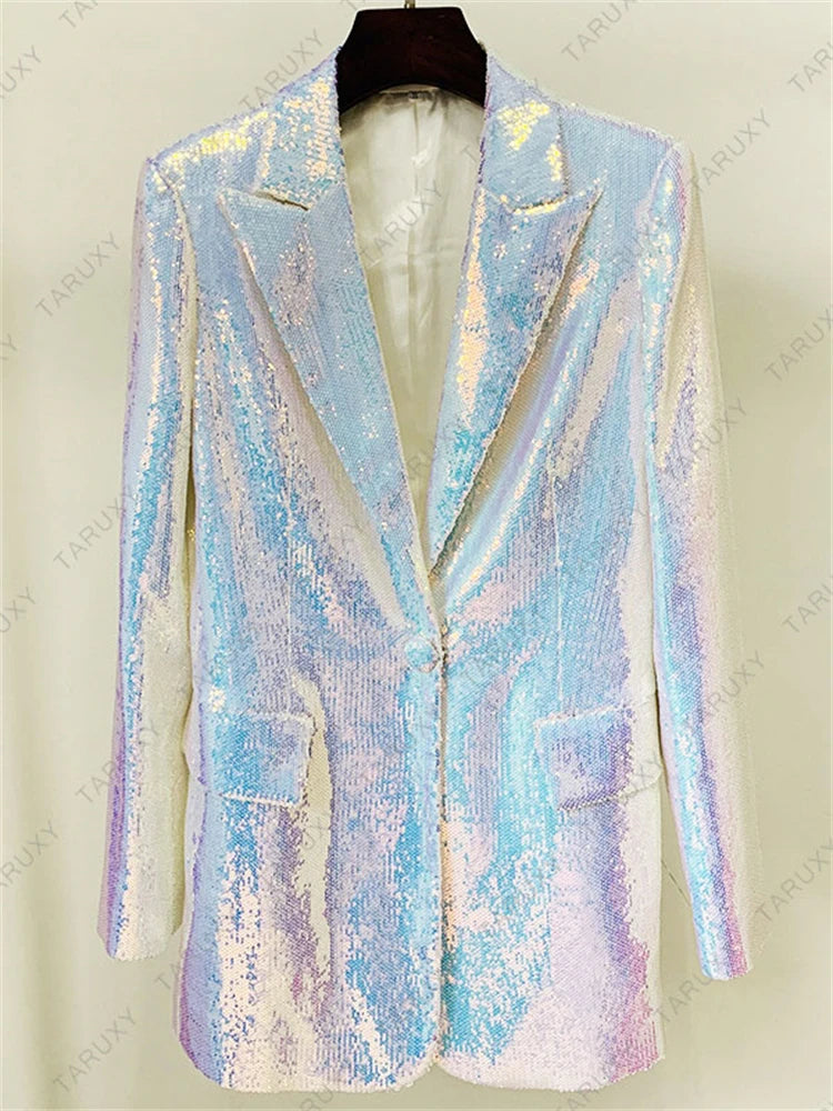 Sparkly Blazer Short Suit For Women 2025 Autumn Turn-down Collar Blazer Jaclets And Shorts Ladies 2 Piece Sets Outfits