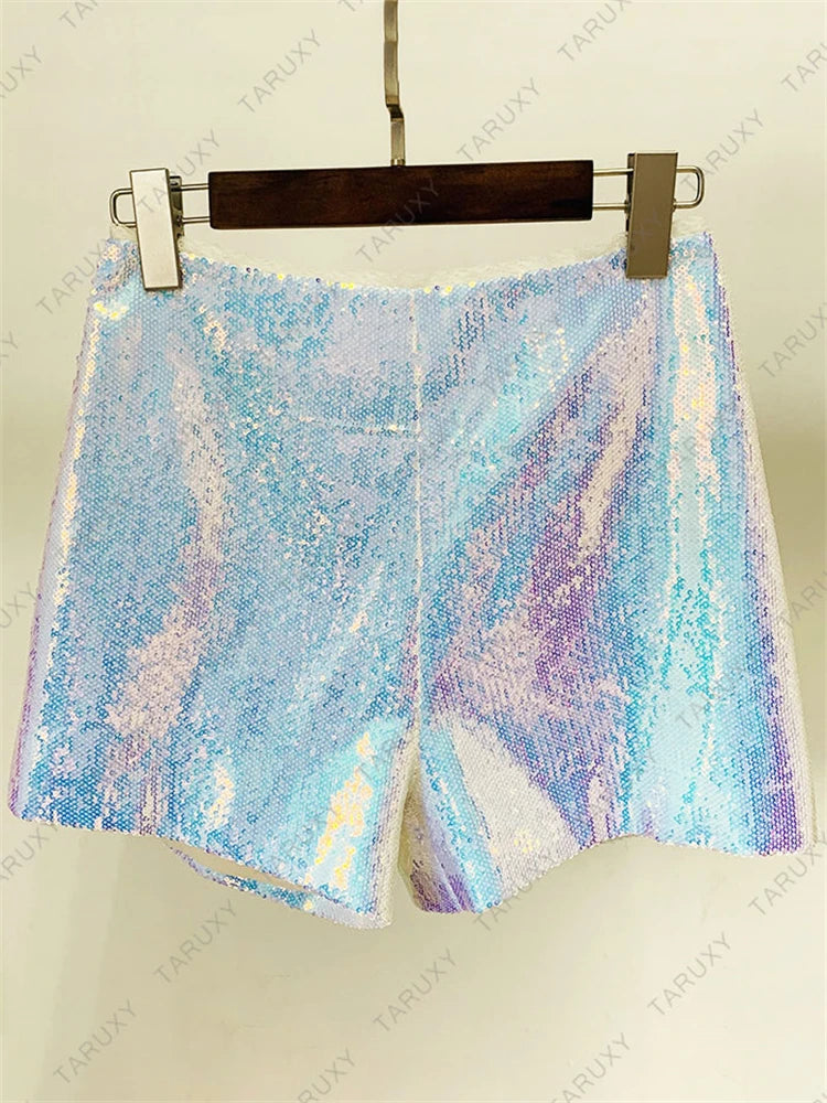 Sparkly Blazer Short Suit For Women 2025 Autumn Turn-down Collar Blazer Jaclets And Shorts Ladies 2 Piece Sets Outfits