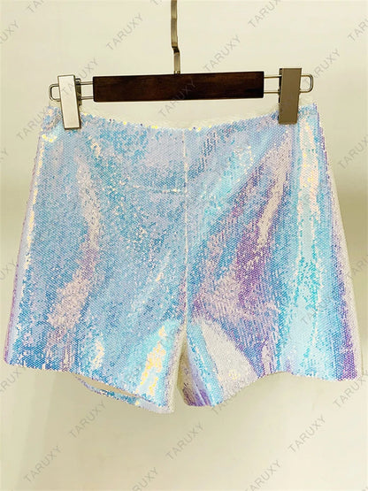 Sparkly Blazer Short Suit For Women 2025 Autumn Turn-down Collar Blazer Jaclets And Shorts Ladies 2 Piece Sets Outfits