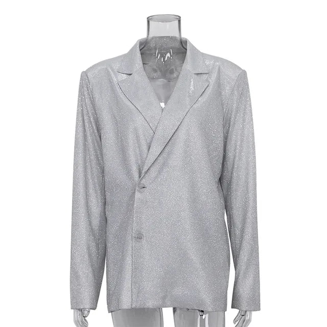 Sparkly Blazers For Women Oversized Loose Sliver Black Gliiter Casual Jackets Blazer Set Pink Coat Women Party Outfits
