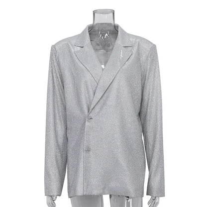 Sparkly Blazers For Women Oversized Loose Sliver Black Gliiter Casual Jackets Blazer Set Pink Coat Women Party Outfits