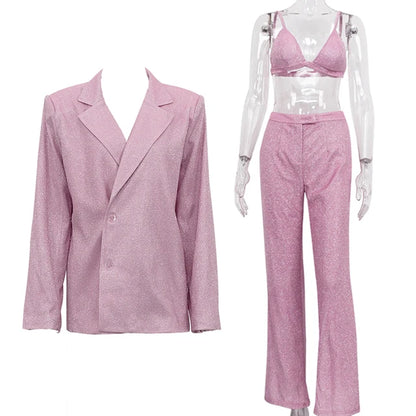 Sparkly Blazers For Women Oversized Loose Sliver Black Gliiter Casual Jackets Blazer Set Pink Coat Women Party Outfits