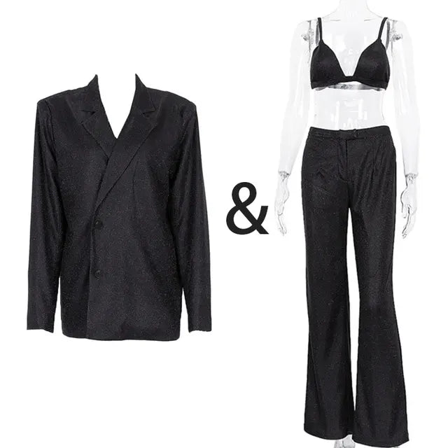 Sparkly Blazers For Women Oversized Loose Sliver Black Gliiter Casual Jackets Blazer Set Pink Coat Women Party Outfits