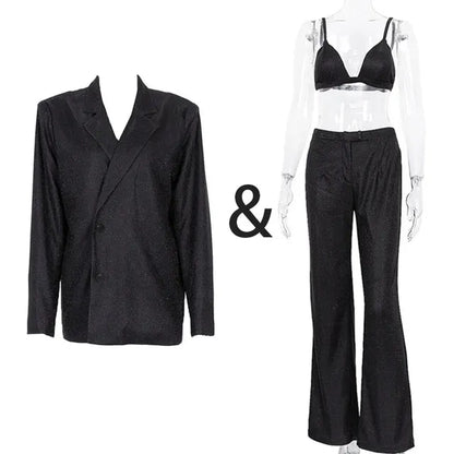 Sparkly Blazers For Women Oversized Loose Sliver Black Gliiter Casual Jackets Blazer Set Pink Coat Women Party Outfits