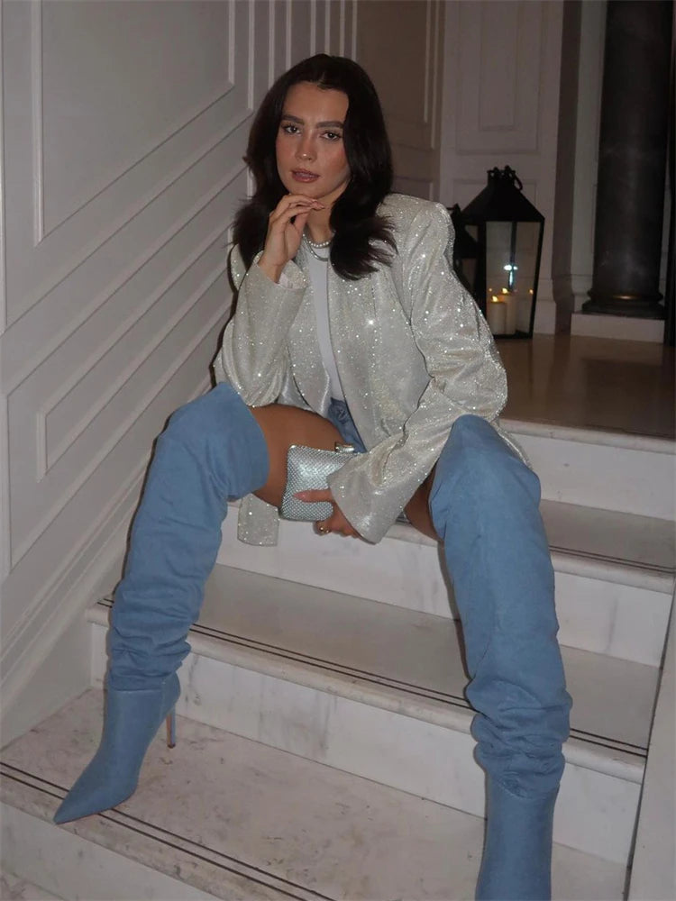 Sparkly Blazers For Women Oversized Loose Sliver Black Gliiter Casual Jackets Blazer Set Pink Coat Women Party Outfits