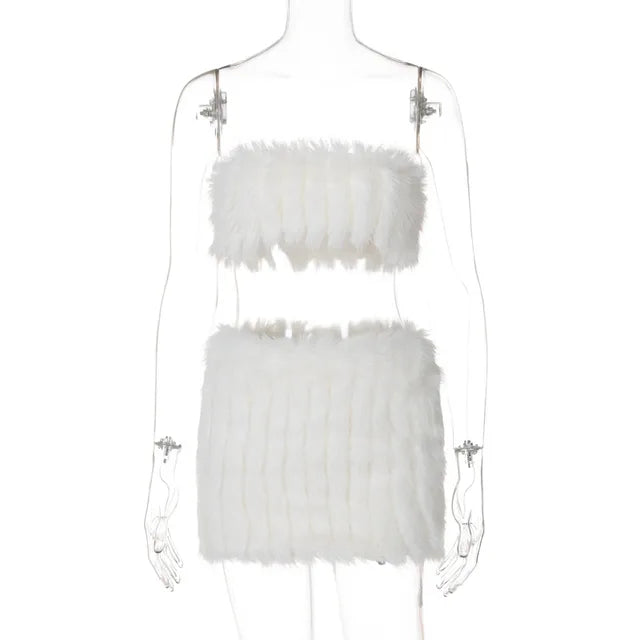 Splice Feather Skirt 2 Piece Sets Womens Outfits Sexy Off Shoulder Strapless Tube Tops 2025 New Warm Skirts Sets Women
