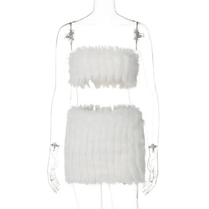 Splice Feather Skirt 2 Piece Sets Womens Outfits Sexy Off Shoulder Strapless Tube Tops 2025 New Warm Skirts Sets Women