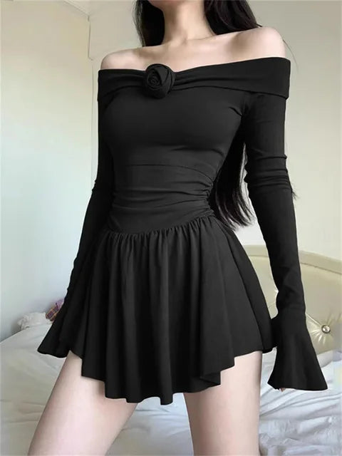 Splice Flower Bodycon Mini Dress For Women Ruffled Folds High Waist Dresses Femme Off Shoulders Casual Slim Dress Woman