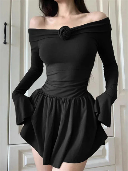 Splice Flower Bodycon Mini Dress For Women Ruffled Folds High Waist Dresses Femme Off Shoulders Casual Slim Dress Woman