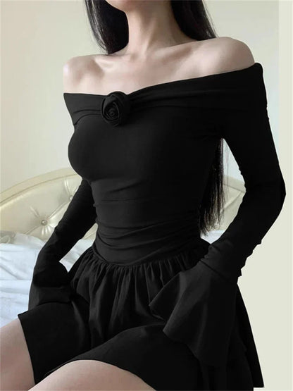 Splice Flower Bodycon Mini Dress For Women Ruffled Folds High Waist Dresses Femme Off Shoulders Casual Slim Dress Woman