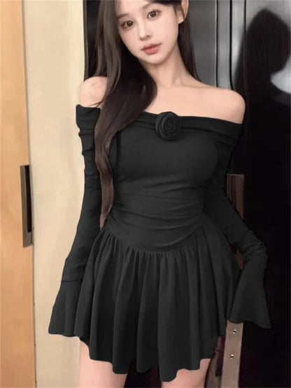 Splice Flower Bodycon Mini Dress For Women Ruffled Folds High Waist Dresses Femme Off Shoulders Casual Slim Dress Woman