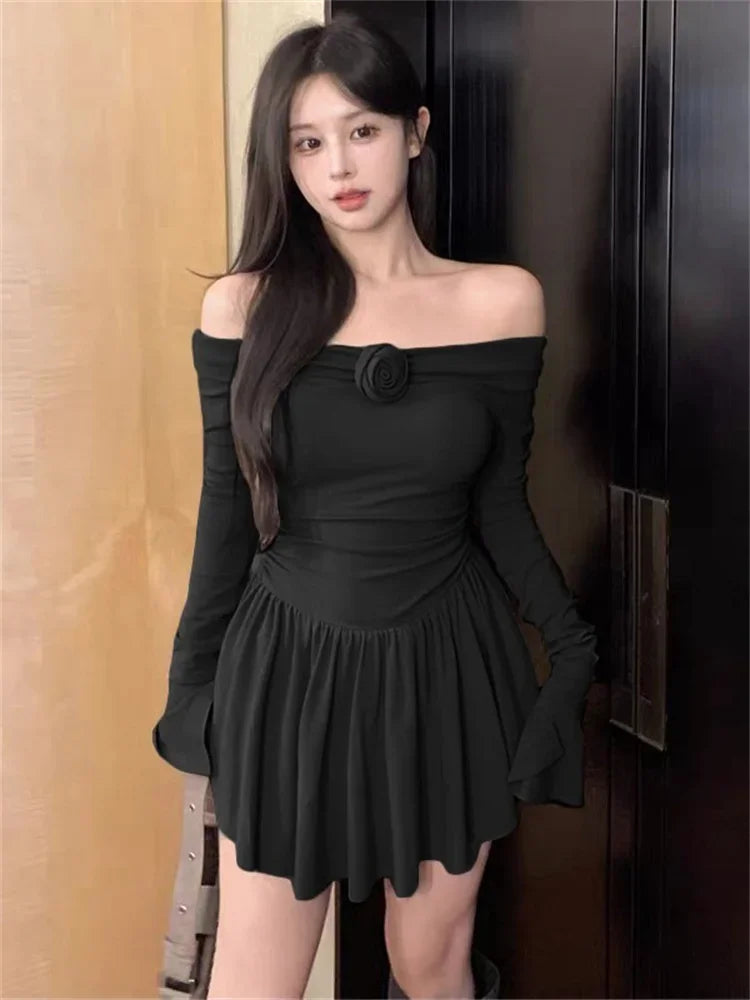Splice Flower Bodycon Mini Dress For Women Ruffled Folds High Waist Dresses Femme Off Shoulders Casual Slim Dress Woman