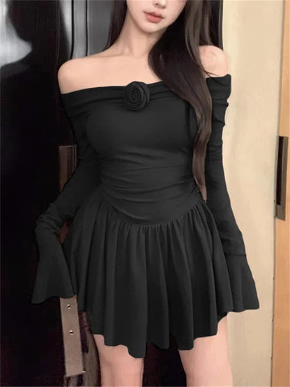 Splice Flower Bodycon Mini Dress For Women Ruffled Folds High Waist Dresses Femme Off Shoulders Casual Slim Dress Woman