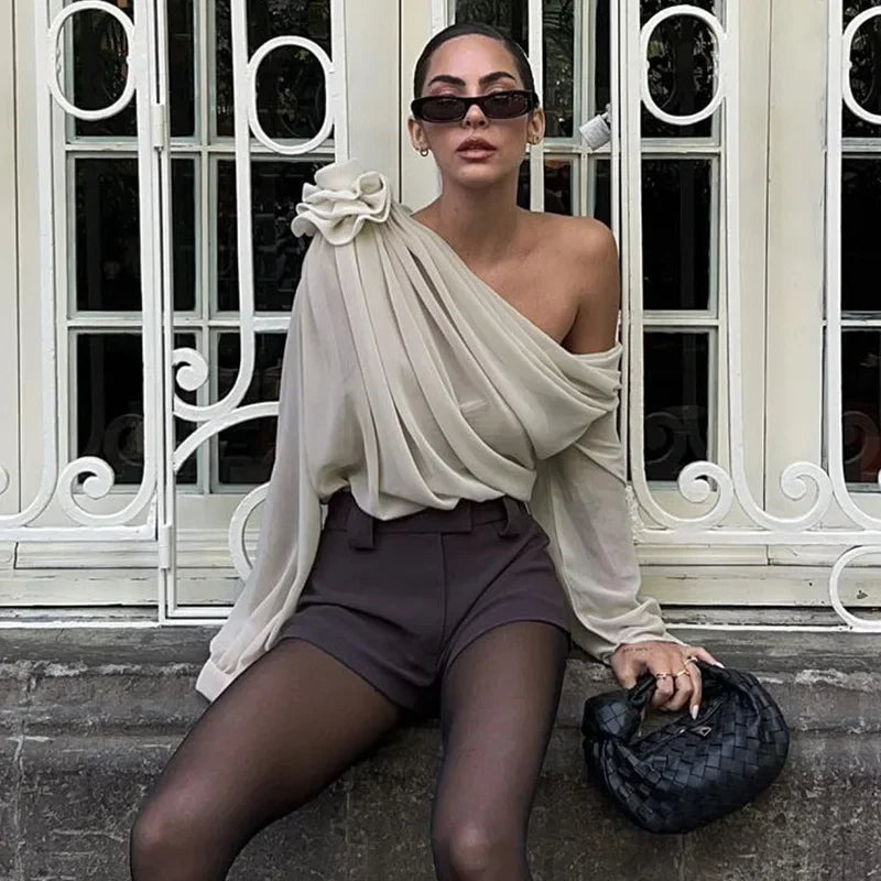Splice Flower Shirts For Women 2025 Winter Fashion Folds Off Shoulders Tshirt Femme Street Temperament Mesh Shirt Woman