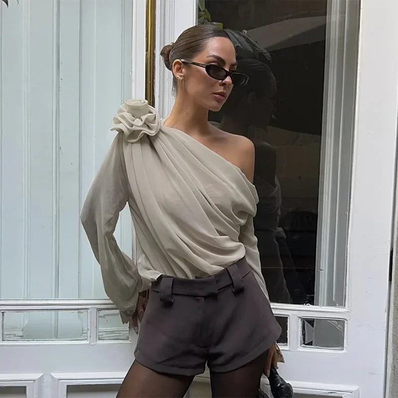 Splice Flower Shirts For Women 2025 Winter Fashion Folds Off Shoulders Tshirt Femme Street Temperament Mesh Shirt Woman