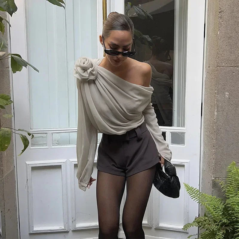 Splice Flower Shirts For Women 2025 Winter Fashion Folds Off Shoulders Tshirt Femme Street Temperament Mesh Shirt Woman