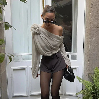 Splice Flower Shirts For Women 2025 Winter Fashion Folds Off Shoulders Tshirt Femme Street Temperament Mesh Shirt Woman