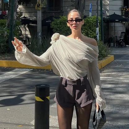 Splice Flower Shirts For Women 2025 Winter Fashion Folds Off Shoulders Tshirt Femme Street Temperament Mesh Shirt Woman