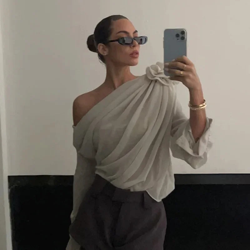 Splice Flower Shirts For Women 2025 Winter Fashion Folds Off Shoulders Tshirt Femme Street Temperament Mesh Shirt Woman