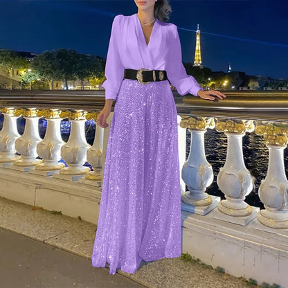 Vestidos largos con lentejuelas para mujer, elegantes, holgados, con escote en V y pliegues, para fiesta y noche, de lujo, 2025