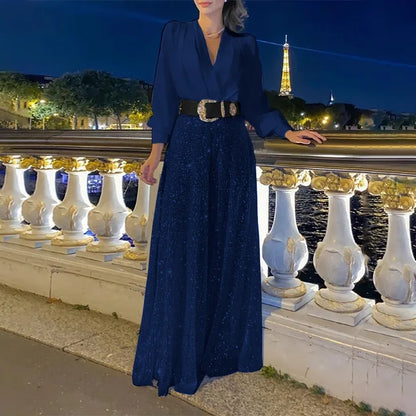 Vestidos largos con lentejuelas para mujer, elegantes, holgados, con escote en V y pliegues, para fiesta y noche, de lujo, 2025