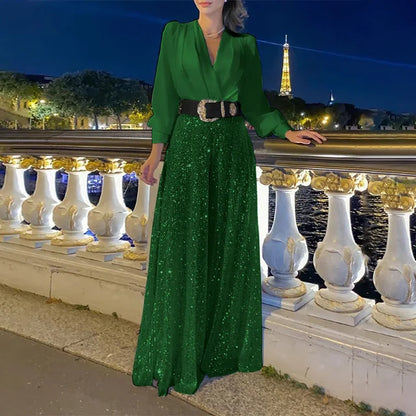 Vestidos largos con lentejuelas para mujer, elegantes, holgados, con escote en V y pliegues, para fiesta y noche, de lujo, 2025