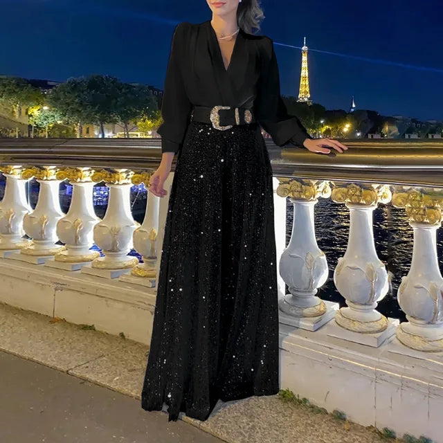 Vestidos largos con lentejuelas para mujer, elegantes, holgados, con escote en V y pliegues, para fiesta y noche, de lujo, 2025