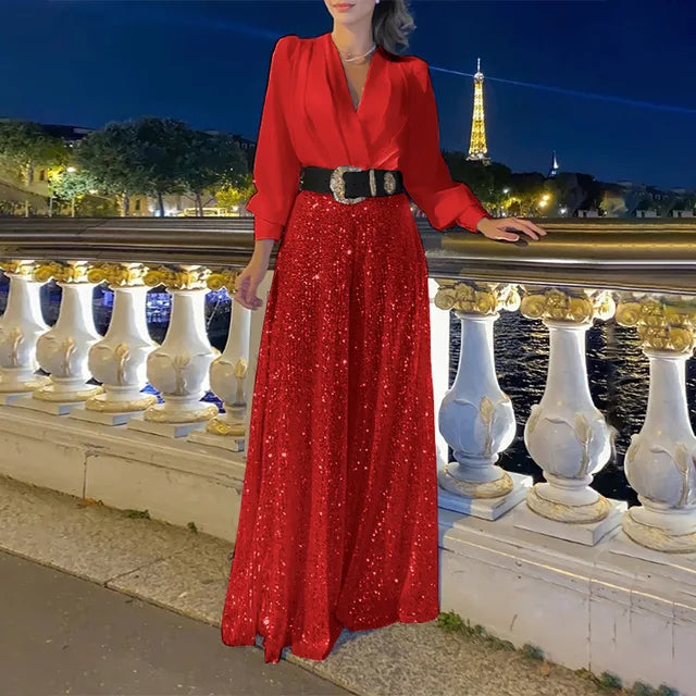 Vestidos largos con lentejuelas para mujer, elegantes, holgados, con escote en V y pliegues, para fiesta y noche, de lujo, 2025