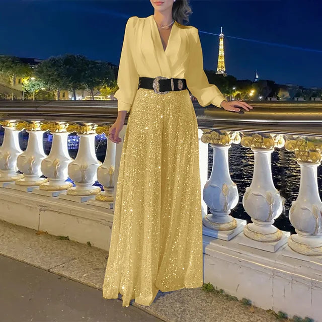 Vestidos largos con lentejuelas para mujer, elegantes, holgados, con escote en V y pliegues, para fiesta y noche, de lujo, 2025