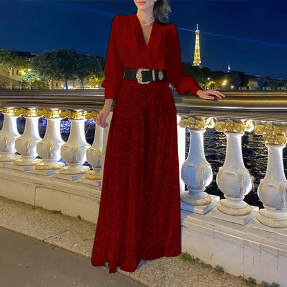 Vestidos largos con lentejuelas para mujer, elegantes, holgados, con escote en V y pliegues, para fiesta y noche, de lujo, 2025