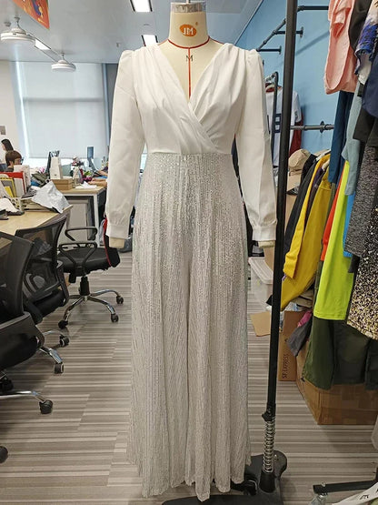 Vestidos largos con lentejuelas para mujer, elegantes, holgados, con escote en V y pliegues, para fiesta y noche, de lujo, 2025
