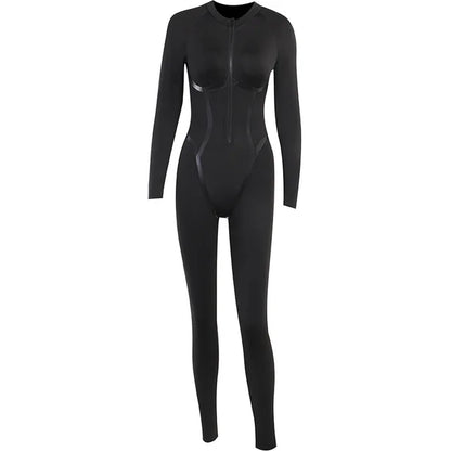 Sports Leather Zipper Tight Hip Jumpsuit Women Spring Long Sleeve Patchwork Ribbon Split Line Rompers Streetwear Overalls
